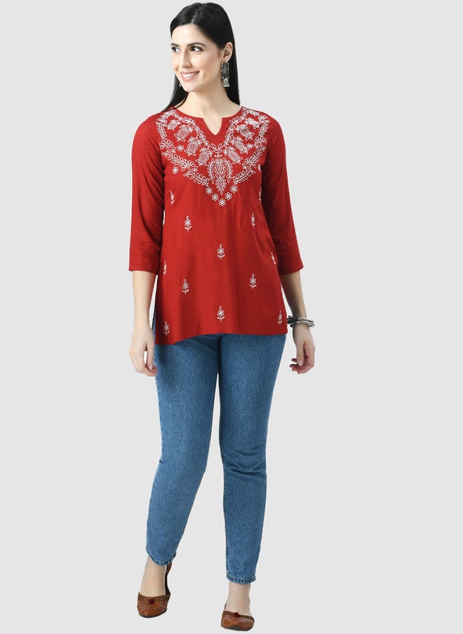 QAZMI Floral Embroidered Chikankari Work Kurti - Image 5